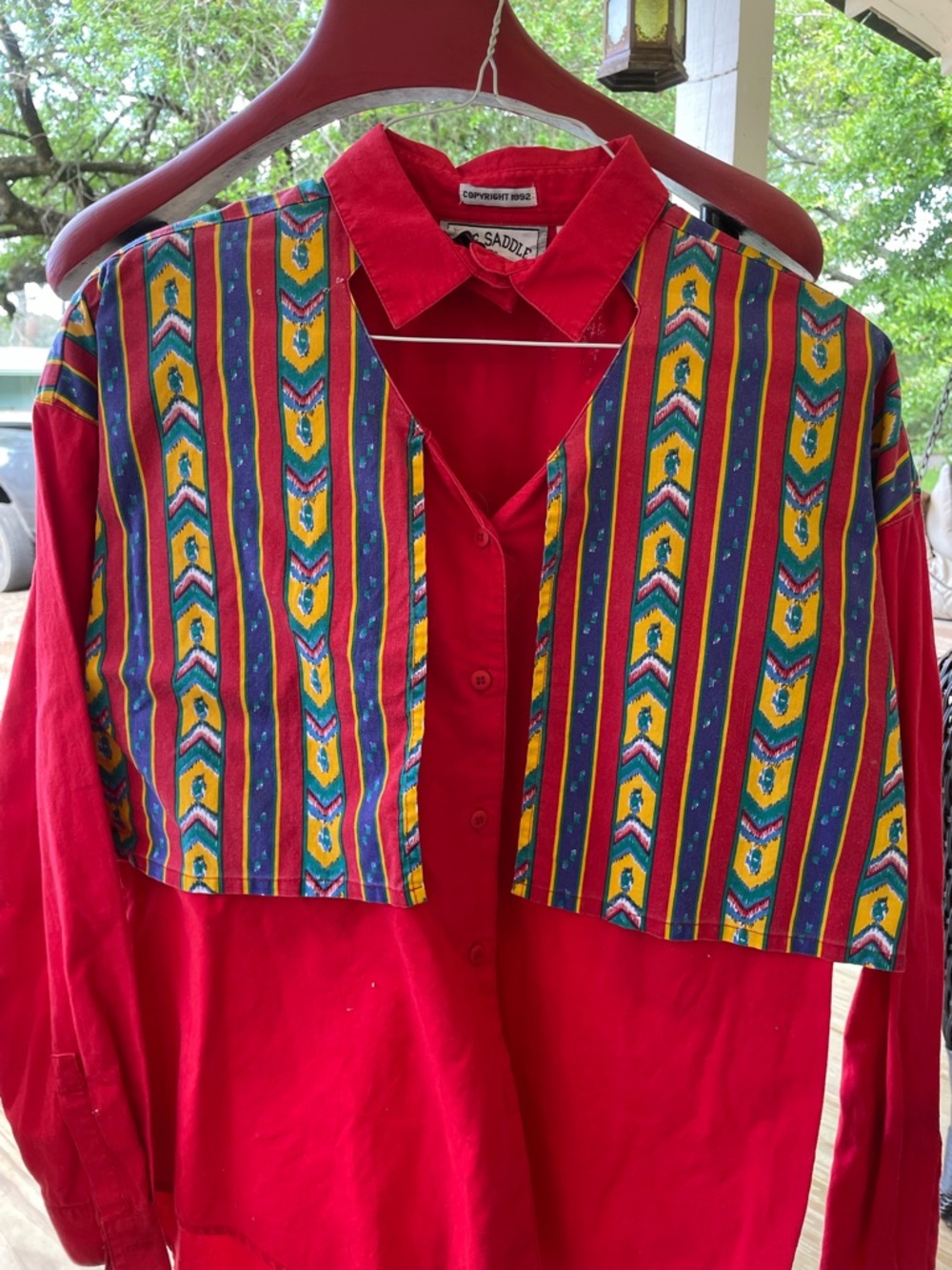 Vintage Red Button-Down Shirt with Multicolor Aztec Yoke